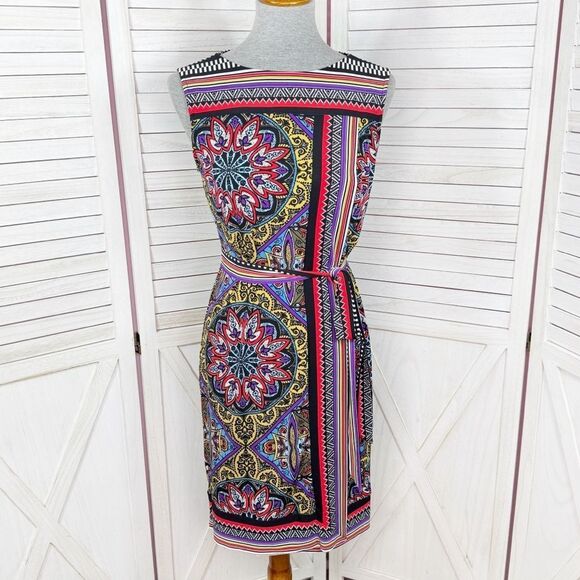 Premise Mosaic Multi Print Faux Wrap Belted Sleeveless Dress Multicolor Small - Picture 1 of 12